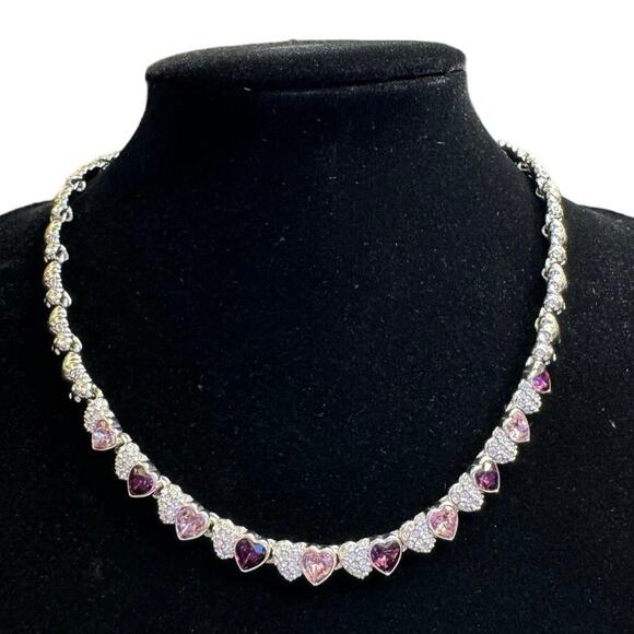 Swarovski Signed Heart Choker Necklace, Pink and Purple Stones, Rhodium Plated - Picture 1 of 8